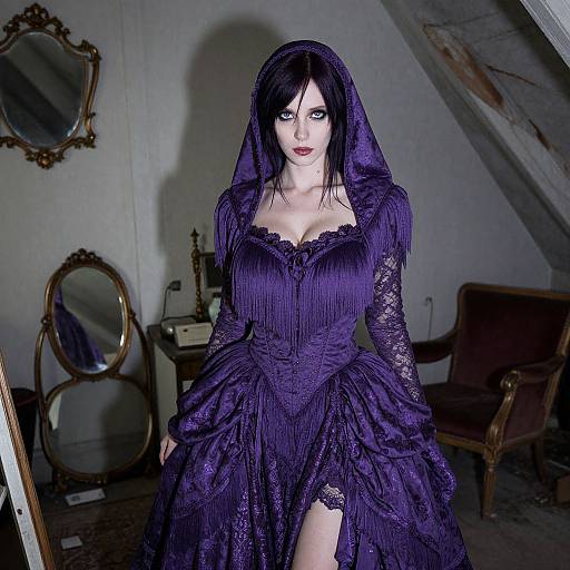Gothic-style photograph of pale woman with black hair, blue eyes, wearing a deep purple lace dress and veil, standing in dimly lit,