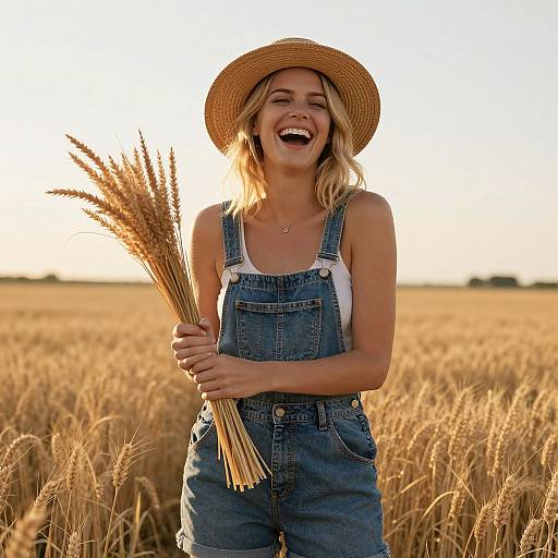 Blonde woman in denim overalls, white tank top, and straw hat, joyfully holding wheat, standing in golden wheat field at sunset.