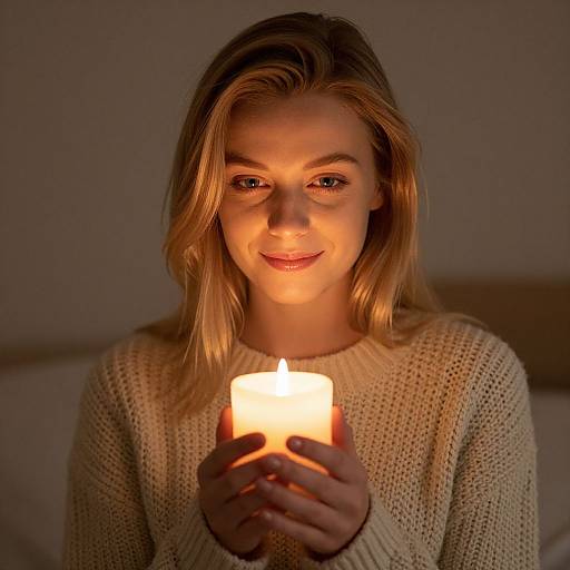 Photograph of a smiling blonde woman with wavy hair, holding a lit candle, casting a warm glow on her face, wearing a cream knit sweater