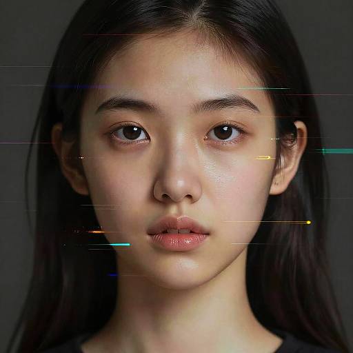 Photograph of an Asian woman with long black hair, fair skin, and neutral expression, featuring colorful digital glitches across her face. Dark background.