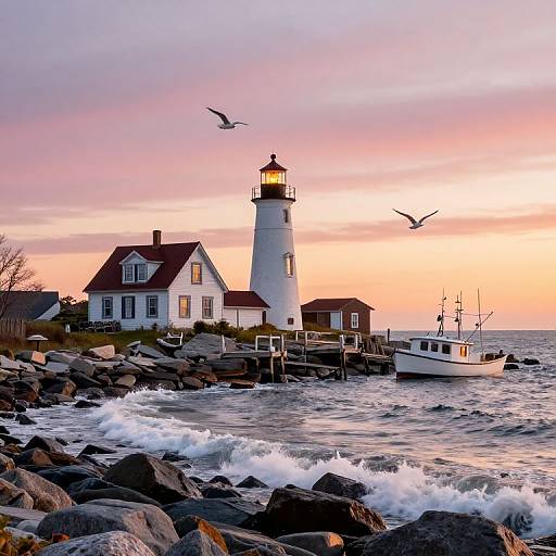 Photograph of a coastal lighthouse at sunset, with waves crashing against rocks, seagulls flying, and a small boat moored nearby.