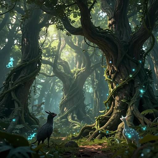 Fantasy forest scene: dark, mythical creature with antlers stands among towering, twisted trees illuminated by glowing blue fireflies. Digital art.