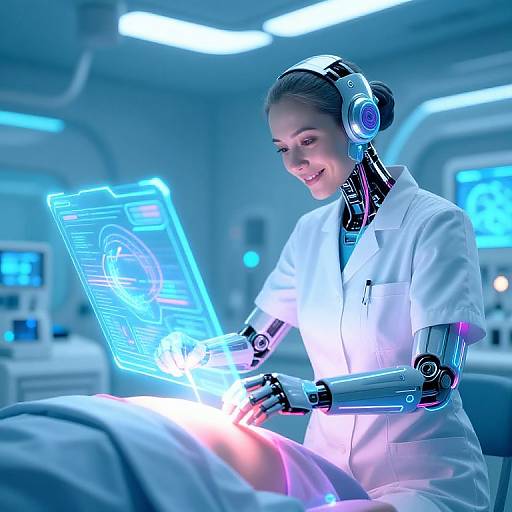 Photograph of a smiling female robot scientist in a white lab coat, using a glowing blue holographic laptop in a futuristic, neon-lit laboratory.