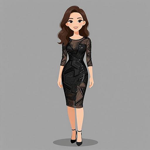 Digital illustration of a smiling woman with long brown hair, wearing a black, geometric-patterned, knee-length dress and black heels, against a plain gray