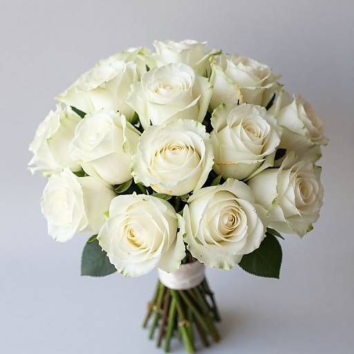 Photograph of a round bouquet of white roses with soft petals, wrapped in a white ribbon, against a plain white background.