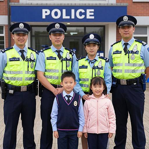 Photograph of five Asian police officers in bright yellow vests, blue shirts, and black caps, standing in front of a police station with a young Asian