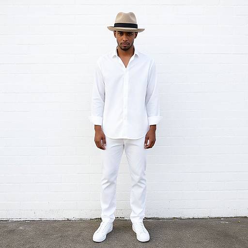 Photograph of a Black man in all-white outfit, including a beige fedora, standing against a white wall, wearing white sneakers.
