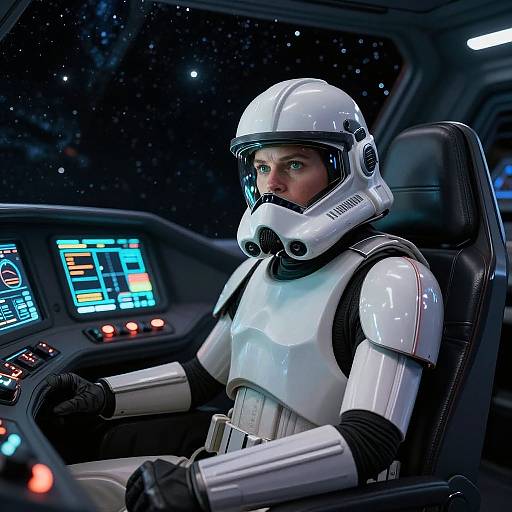 Photorealistic CGI of a white-armored astronaut pilot with a helmet, focused on spaceship controls, with starry space background visible.