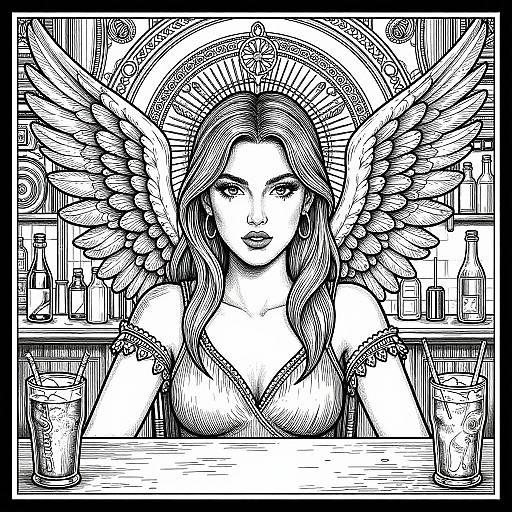 Winged Woman in Pub Line Art