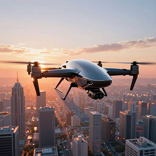 Photograph of a sleek, white drone flying over a city skyline at sunset, with the sun casting a golden glow over the skyscrapers below.