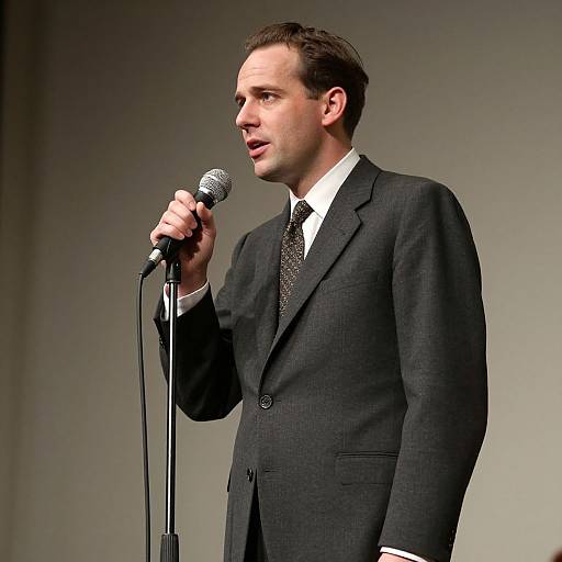 Photograph of a white man with short brown hair, wearing a black suit, white shirt, and patterned tie, speaking into a microphone against a