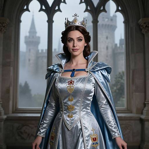 Photorealistic digital artwork of a brunette woman in a silver medieval queen's gown with blue cape and crown, standing in a Gothic castle window.