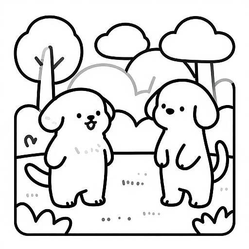 Black and white cartoon drawing of two cute, simple dogs standing and talking in a park-like setting with trees.
