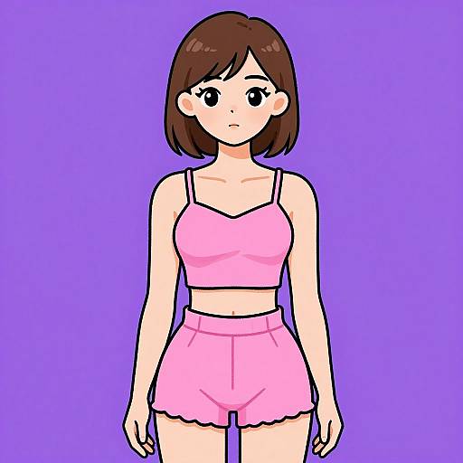 Digital anime-style drawing of a brown-haired girl with large black eyes, wearing a pink crop top and matching shorts, against a solid purple background.