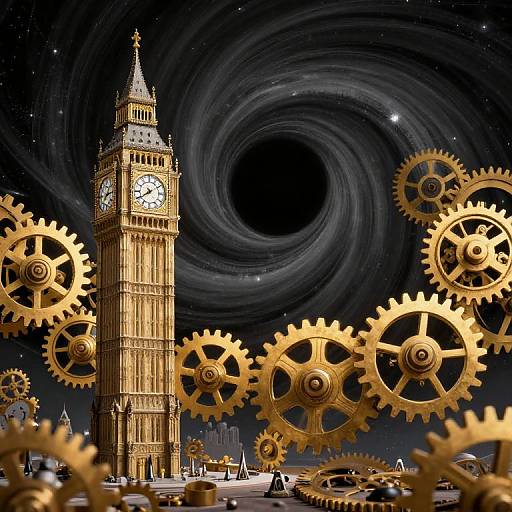 Photorealistic digital artwork of Big Ben clock tower surrounded by golden gears against a swirling black and gray cosmic background.