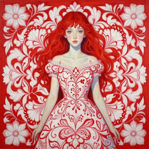 Digital drawing of a pale-skinned woman with vibrant red hair, wearing an off-shoulder, red and white floral dress, set against a bold