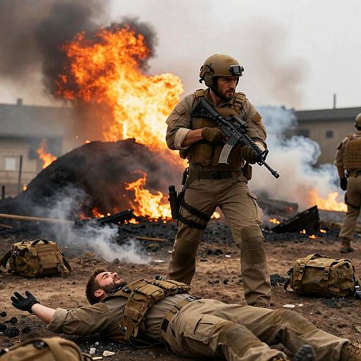 Intense Soldier Amidst Fiery Desolation