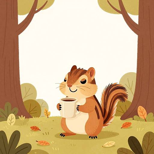 Cartoon squirrel with brown and white fur, black stripes, and a bushy tail, sits in a forest, happily eating a cupcake. Autumn