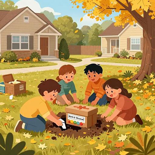 Digital illustration of four children planting a garden box labeled 