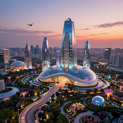 CGI image of a futuristic cityscape at sunset with four towering, illuminated skyscrapers, a flying airplane, and vibrant, illuminated gardens.