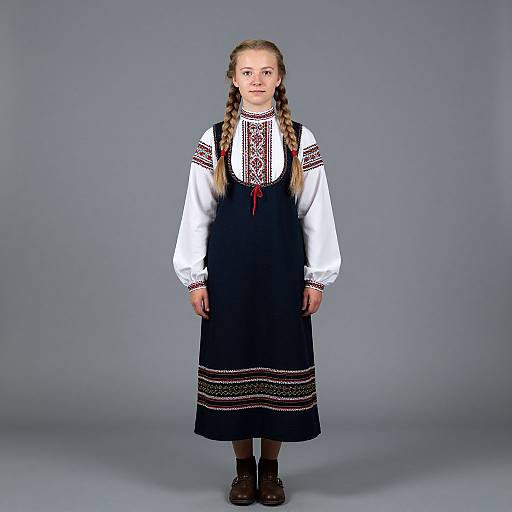 Photograph of a young girl with light brown braids, wearing a white blouse with black embroidered sleeves and a black embroidered pinafore dress, standing