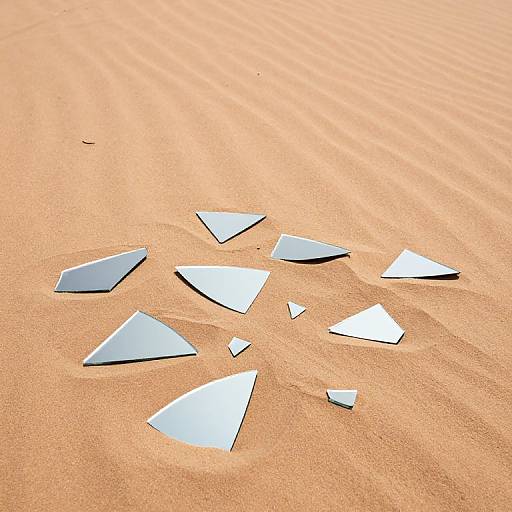 Photograph of seven white, triangular paper pieces scattered on a sunlit, orange sand dune with subtle wind patterns.