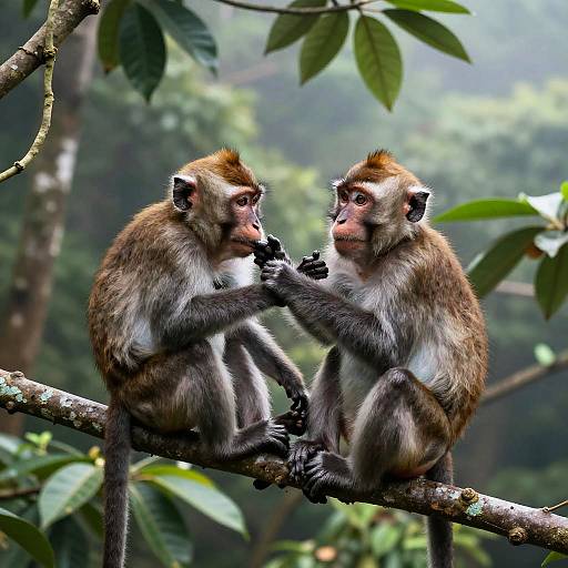 Photograph of two brown and white monkeys sitting on a tree branch, facing each other, grooming with gentle expressions in a lush, green forest.