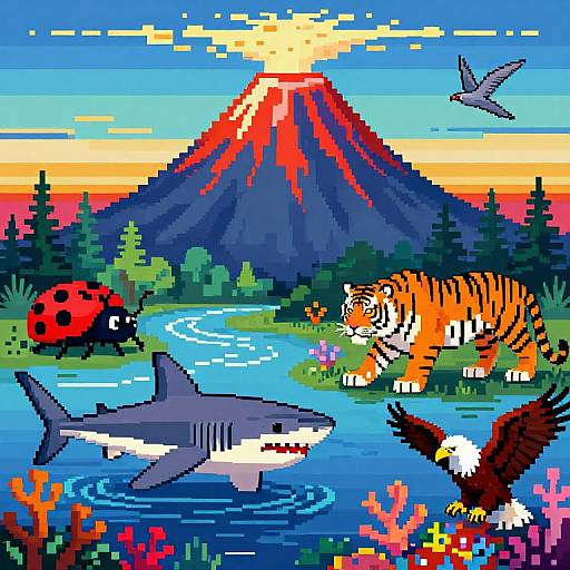 Pixel art of vibrant nature scene: volcano, sunset, tiger, shark, eagle, ladybug, bird, water, trees, and colorful flowers.