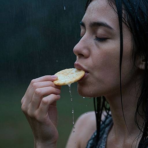 Photograph of a wet-haired woman with closed eyes, biting into a dripping water-soaked cracker, rain visible in the background.