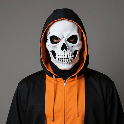 Photograph of a person wearing a black hoodie with an orange lining, and a white skull mask with black eye sockets and teeth. Gray background.