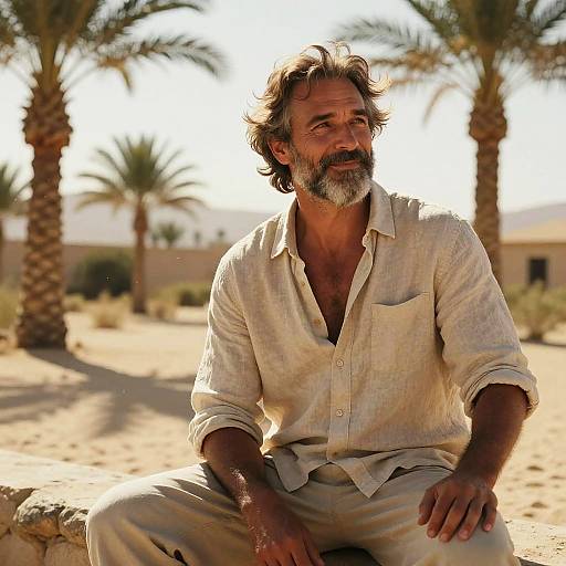 Middle-aged Man Sitting in Desert Oasis