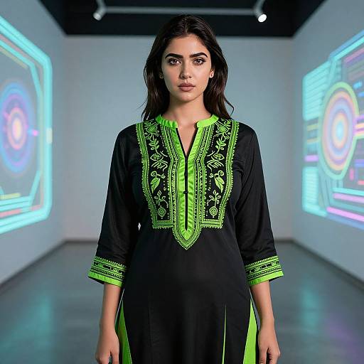 Photograph of a young South Asian woman with long black hair, wearing a black salwar kameez with vibrant green embroidery, standing in a brightly