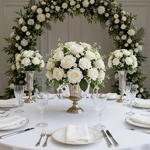 Elegant wedding table setting with white rose centerpieces, crystal glasses, silver candleholders, and a floral arch background in a bright room.