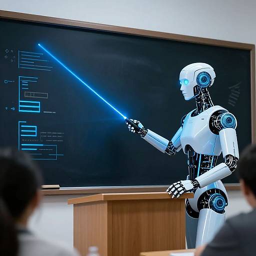 Futuristic Cyborg Teacher at Podium