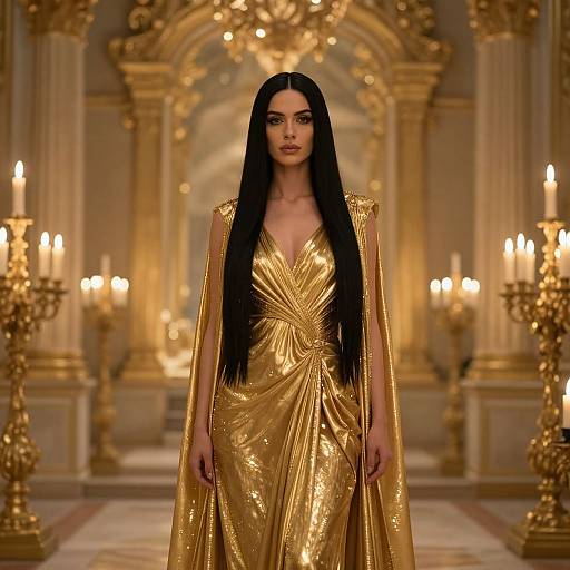Photograph of a tall, fair-skinned woman with long black hair, wearing a shimmering gold gown with a deep V-neck, standing in an