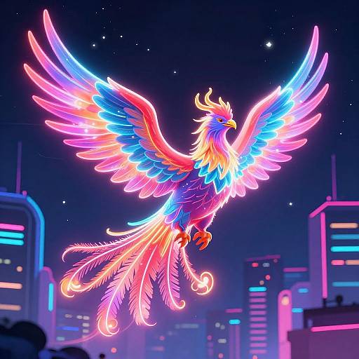 Neon-lit, vibrant phoenix with glowing pink, blue, and purple wings soars above a futuristic cityscape of neon-lit skyscrapers