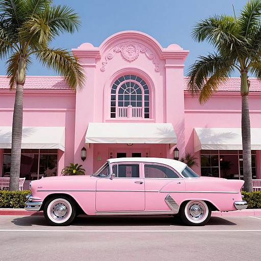 Photograph of a pastel pink vintage car parked in front of a pink, art-deco building with palm trees and blue sky.