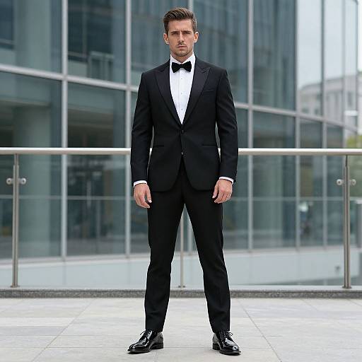 Photograph of a serious-looking man in a black tuxedo, white shirt, black bow tie, and black shoes, standing in front of a