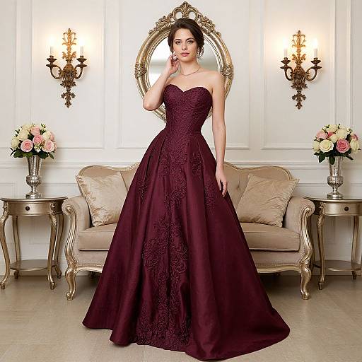Photograph of a brunette woman in a strapless, deep burgundy, lace-embellished ball gown, standing in an elegant, ornate