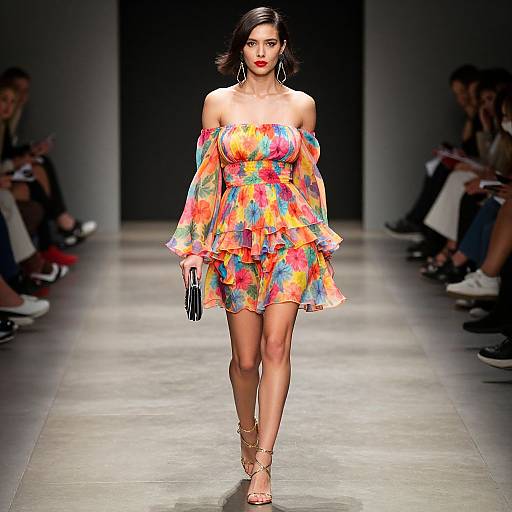 Photograph of an Asian woman with shoulder-length black hair, wearing a colorful, off-shoulder, ruffled mini dress, and strappy sandals