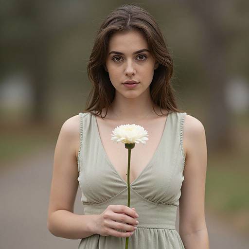 Photograph of a young woman with fair skin and brown hair, wearing a green sleeveless dress, holding a white daisy in a blurred forest background