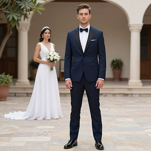 Photograph of a groom in a black tuxedo with bow tie, standing in front of a bride in a white wedding dress holding a bouquet,