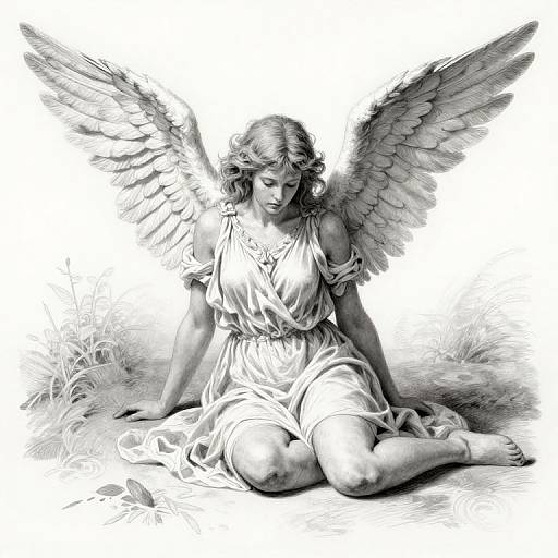 Black-and-white digital drawing of a serene angel with curly hair, large wings, and flowing dress, seated on grass.