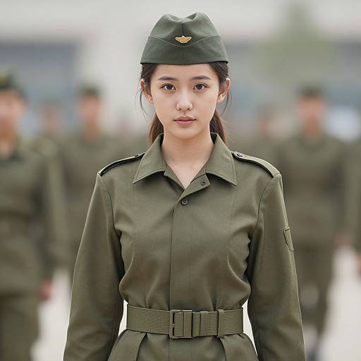 Photograph of an East Asian woman in a green military uniform with matching cap, standing in front of a blurred background of similarly dressed soldiers.