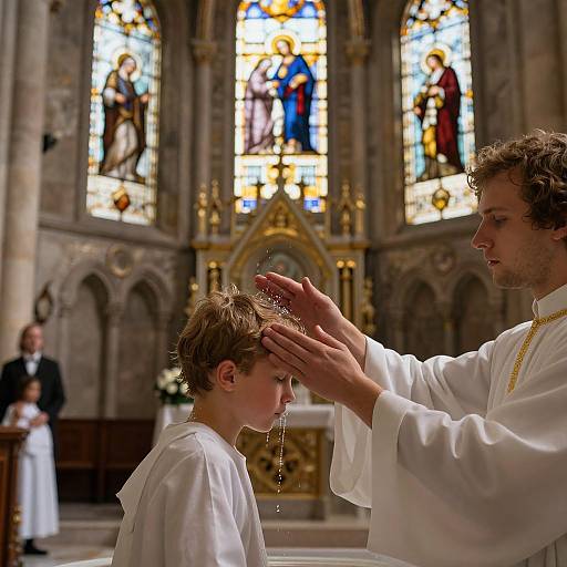 Photograph of a priest in white vestments sprinkling holy water on a young boy's head during a church baptism ceremony, with colorful stained glass windows