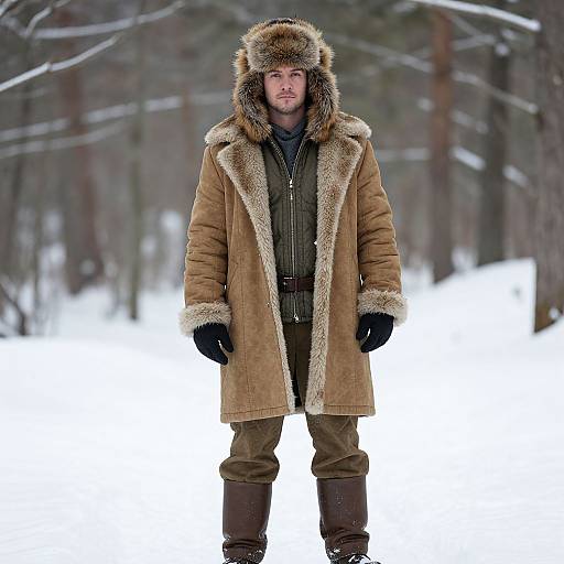 Photograph of a bearded man in a tan, fur-trimmed coat with a fur hat, standing in a snowy forest.
