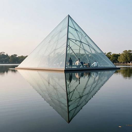 Photograph of a glass pyramid floating on a still lake, reflecting its transparent structure, with three people inside. Clear blue sky, green trees in the