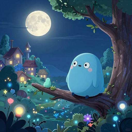 Whimsical digital drawing of a chubby, blue, round bird with wide eyes perched on a tree branch under a glowing full moon, surrounded by
