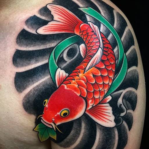Vibrant tattoo of a red koi fish with green fins and white accents, swimming through black and gray waves on a human arm.