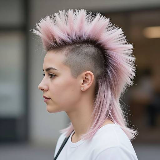 Photograph of a young woman with a side-swept, pink and black mohawk, shaved undercut, white shirt, and small earring,